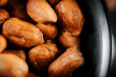 Hazelnuts in a decorative plate against a black background showcasing their rich texture and color clipart