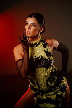 Şehvetli Latin dansçı dumanlı atmosferde dramatik ışıklandırma ile Latin dansına olan tutkusunu ve yeteneğini gösteriyor.