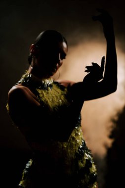 Şehvetli Latin dansçı dumanlı atmosferde dramatik ışıklandırma ile Latin dansına olan tutkusunu ve yeteneğini gösteriyor.