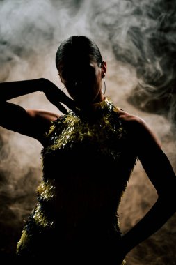 Şehvetli Latin dansçı dumanlı atmosferde dramatik ışıklandırma ile Latin dansına olan tutkusunu ve yeteneğini gösteriyor.