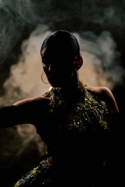 Şehvetli Latin dansçı dumanlı atmosferde dramatik ışıklandırma ile Latin dansına olan tutkusunu ve yeteneğini gösteriyor.