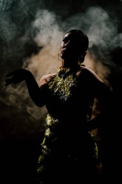 Şehvetli Latin dansçı dumanlı atmosferde dramatik ışıklandırma ile Latin dansına olan tutkusunu ve yeteneğini gösteriyor.