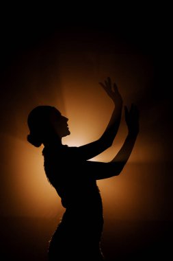 Şehvetli Latin dansçı dumanlı atmosferde dramatik ışıklandırma ile Latin dansına olan tutkusunu ve yeteneğini gösteriyor.