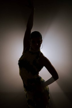 Şehvetli Latin dansçı dumanlı atmosferde dramatik ışıklandırma ile Latin dansına olan tutkusunu ve yeteneğini gösteriyor.