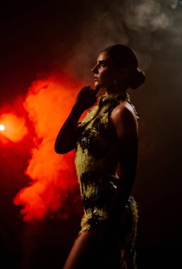 Şehvetli Latin dansçı dumanlı atmosferde dramatik ışıklandırma ile Latin dansına olan tutkusunu ve yeteneğini gösteriyor.