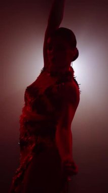 Dinamik Latin dansçı Samba, rumba ve bachata hareketlerini canlı, dumanla dolu bir atmosferde sergiliyor.