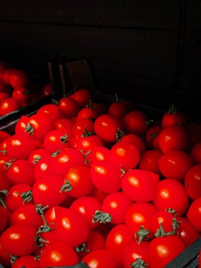 Doğal ışıklandırma altında bir pazar ortamında sergilenen taze ve canlı domatesler