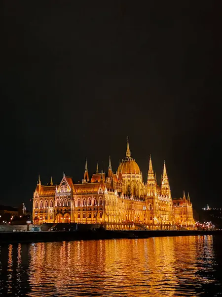 Macar Parlamentosu Binası Tuna Nehri boyunca gece aydınlandı