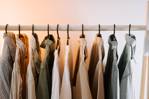 Стильная коллекция повешенных рубашек в уютной гардеробной при дневном свете