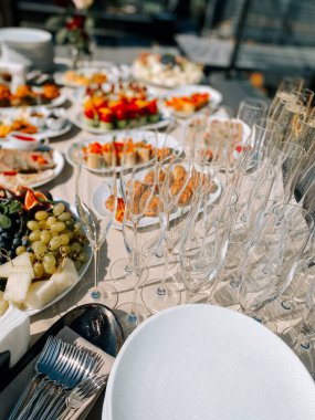 Özel bir etkinlik için gurme yemekleri ve köpüklü bardaklarla şık bir açık büfe gösterisi.