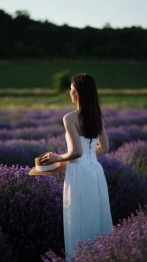 Beyaz elbiseli kadın yazın günbatımında lavanta tarlaları arasında duruyor.