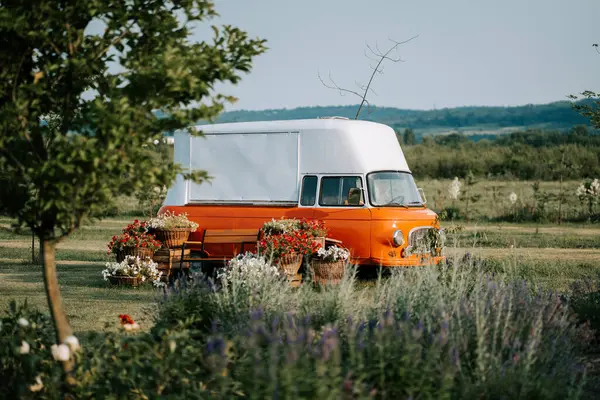 Gün batımında çiçek açan bir bahçede renkli yemek kamyonu.