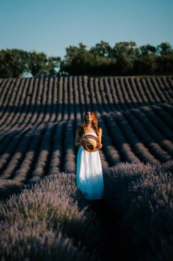 Beyaz elbiseli kadın altın saatinde lavanta topluyor.