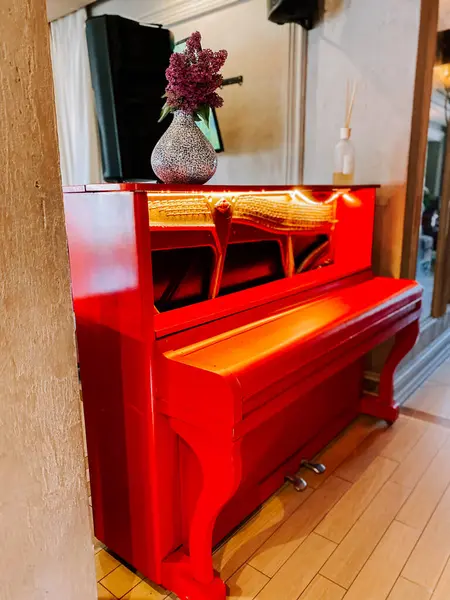Canlı kırmızı piyano, dekoratif vazo ve ev ortamında çiçekler.