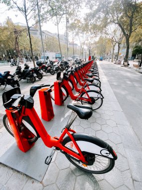 Bisikletler gün ışığında Barselona 'da işlek bir cadde boyunca kiralık olarak dizildi.