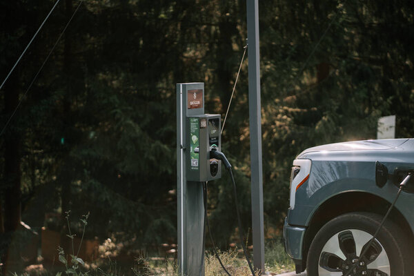 Электростанция зарядки транспортных средств в лесах в дневное время