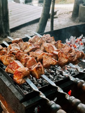 Kamp alanında yanan kömür üzerinde marine edilmiş et şişleri ile barbekü yapmanın tadını çıkarıyorum.