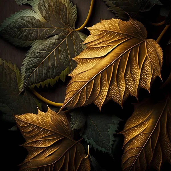 luxury gold leaves. Leaf texture illustration. Abstract shiny plants.