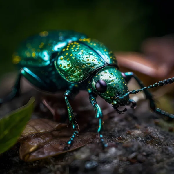 Closeup detail of a green beetle in its natural environment. Insect illustration