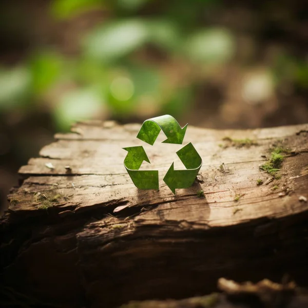 A green recycling symbol stands prominently on an old, textured log, surrounded by the soft focus of nature\'s greens. The image poignantly merges the importance of environmental sustainability with the serene backdrop of the natural world.