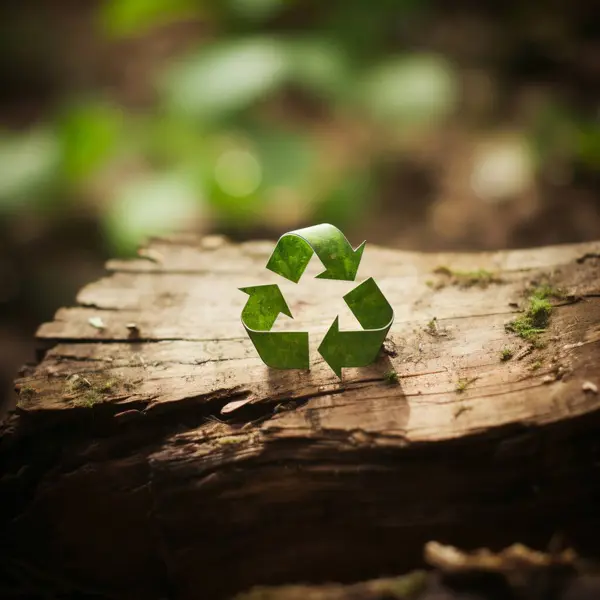 Símbolo Reciclagem Verde Está Proeminente Tronco Antigo Texturizado Cercado Pelo — Fotografia de Stock