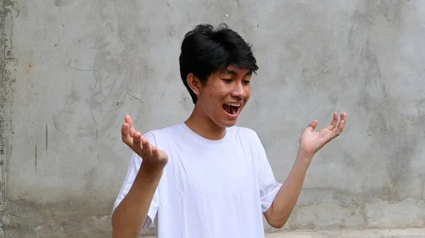 Asiático Hombre Con Excitado Feliz Expresión Apuntando Copia Espacio —  Fotos de Stock