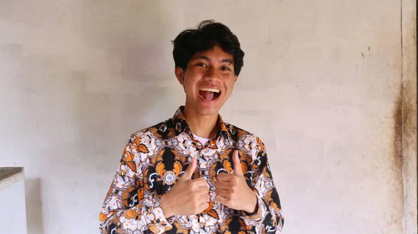 Expression Asian Man Wearing Typical Indonesian Batik Clothes Pride — Stock Photo, Image