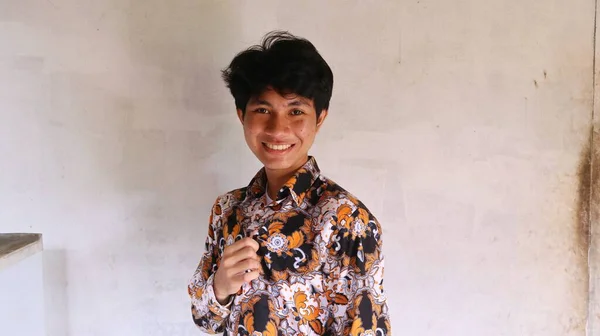 Expression Asian Man Wearing Typical Indonesian Batik Clothes Pride — Stock Photo, Image