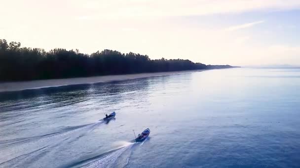 Drone Aerial Long Tail Fishing Boats Heading Out Dawn Thai — Video