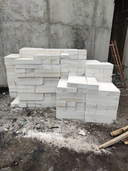 lightweight brick piles on a building project. ready for building walls.