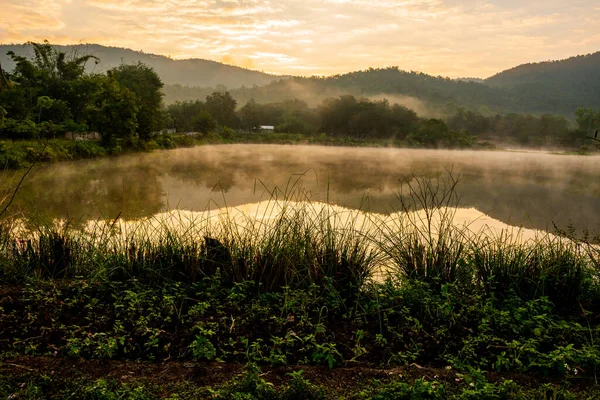 Lake with fog on the water surface in the early morning, Phayao province.