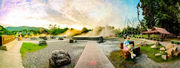 CHIANG MAI, THAILAND - October 13, 2020 : Panorama View of San Kamphaeng Hot Spring in Chiang Mai Province, Thailand.