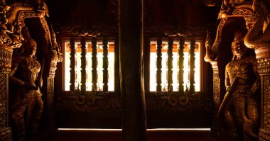Panorama Image of Wood Carving Art in Wat Luang Khun Win, Chiangmai Province.