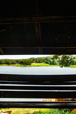 Public rest house with Mae Puem reservoir in Phayao province, Thailand.
