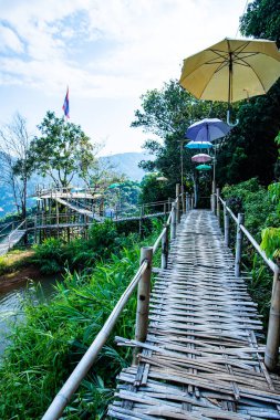 Bamboo bridge with mountain view in Pha Hi village, Chiang Rai province.
