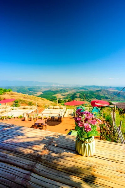 Plastic flower with scenic view at Doi Sa Ngo viewpoint, Chiang Rai province.