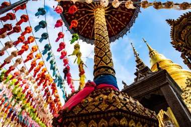 Phra That Hariphunchai pagoda with beautiful lantern in Lamphun Lantern Festival, Lamphun province.