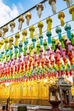 Phra That Hariphunchai pagoda with beautiful lantern in Lamphun Lantern Festival, Lamphun province.