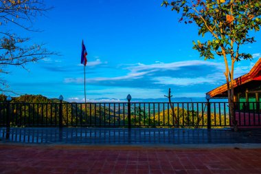 Wat Phrathat Doi Leng view point with mountain view  in the morning, Thailand.