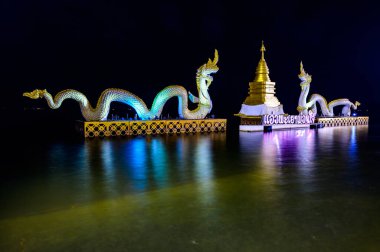 PHAYAO, THAILAND - October 7, 2019: Beautiful Kwan Phayao lake at night, Thailand.