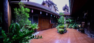 PHAYAO, THAILAND - August 13, 2020 : Pamorama of Lanna style building in Wat Nantaram, Phayao province.