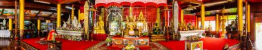 PHAYAO, THAILAND - August 13, 2020 : Pamorama of ancient Buddha statue in Wat Nantaram, Phayao province.