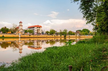 CHIANG MAI, THAILAND - May 6, 2020 : Ping River with Chiang Mai Town, Thailand.