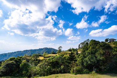 The mountains view with tent yard in Huai Nam Dang national park, Thailand.