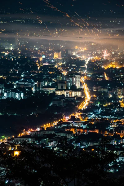 stock image Chiangmai city with fireworks in the night, Thailand.