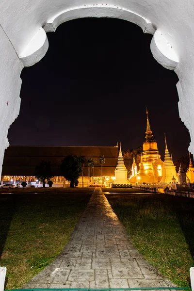 Suan Dok Temple Door Frame Night Thailand — Photo