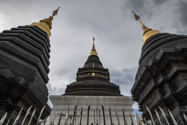 CHIANGMAI, THAILAND - July 21, 2019  : Beautiful pagoda with dark sky in Den Salee Sri Muang Gan temple, Thailand.