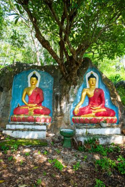 PHAYAO, THAILAND - October 8, 2019: Stone carving art of Buddha in Phrathat Chom Sin temple, Phayao province.