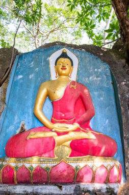 PHAYAO, THAILAND - October 8, 2019: Stone carving art of Buddha in Phrathat Chom Sin temple, Phayao province.