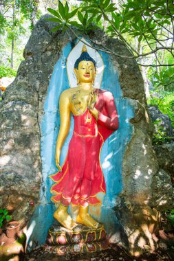 PHAYAO, THAILAND - October 8, 2019: Stone carving art of Buddha in Phrathat Chom Sin temple, Phayao province.